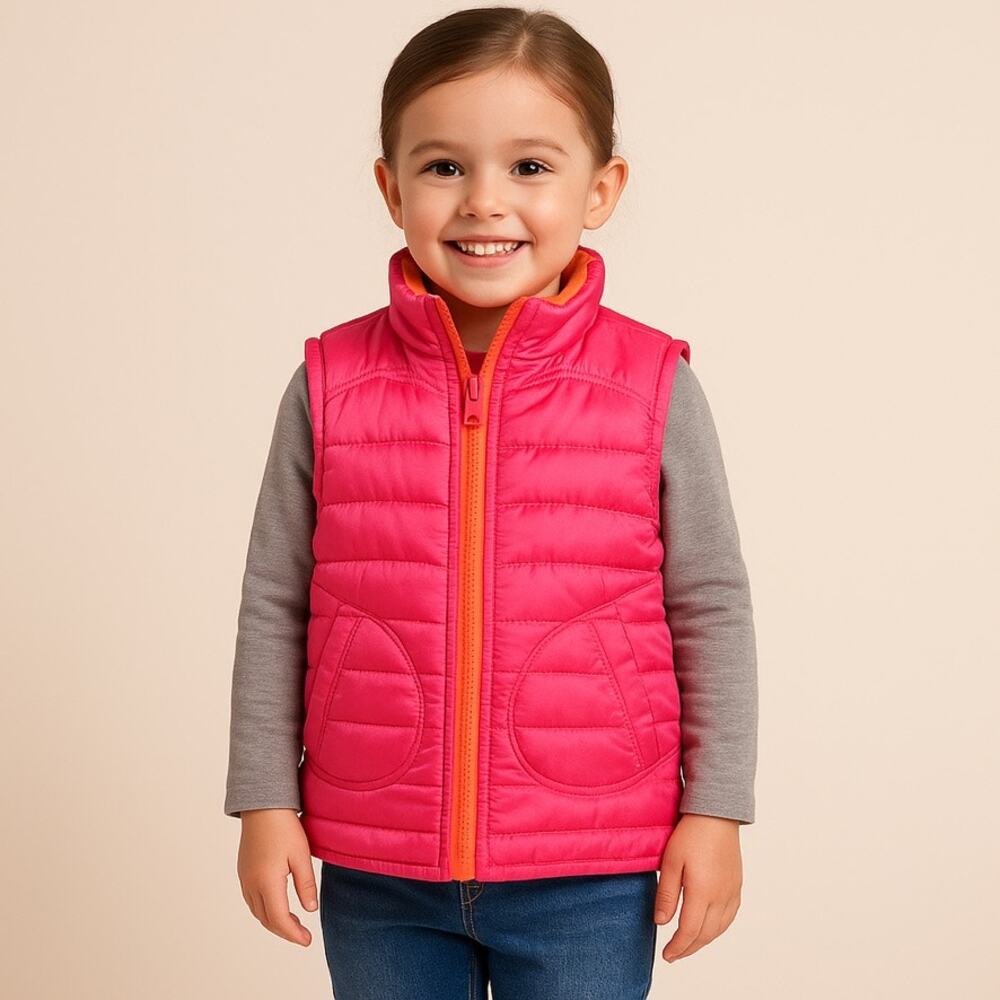 Route 66 Kids Pink Puffer Vest XS 4/5 Neon Orange Lining Quilted Sequin